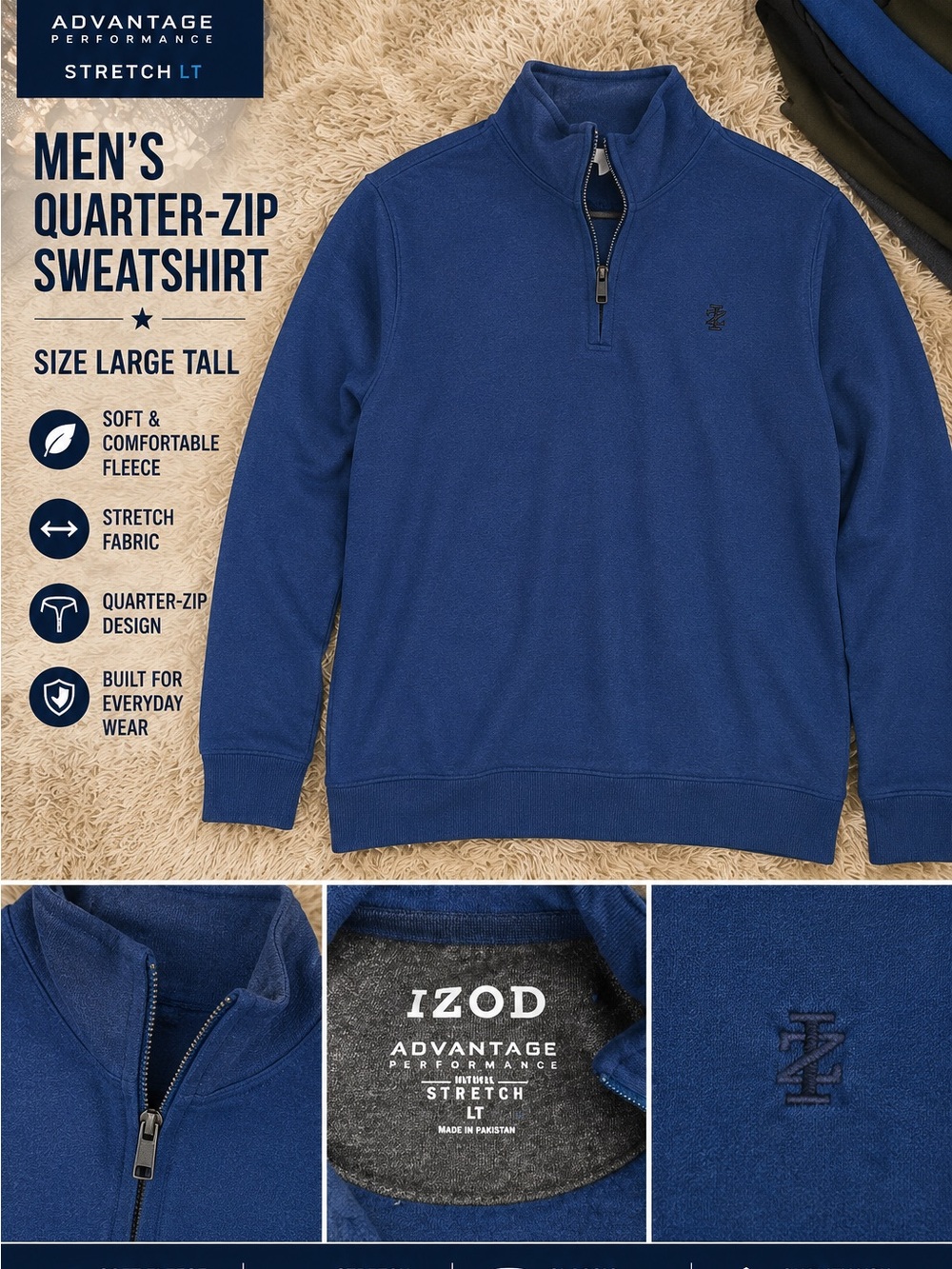 Izod Men's Quarter‑Zip Sweatshirt in Royal Blue